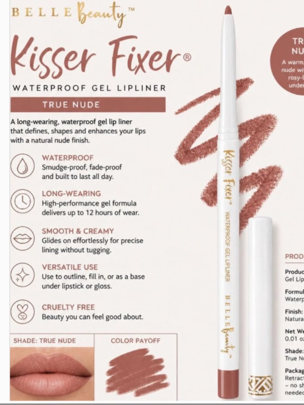 Belle Beauty True Nude Gel Lip Liner – Waterproof, Cruelty Free